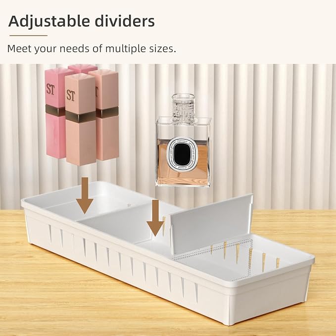 4 PCS Desk Drawer Organizer Tray, Office Drawer Organizer Bins | 8 pcs Dividers Adjustable, 16 pcs Non-Slip Silicone Pads, Makeup Vanity Organizer for Drawer, Plastic, White