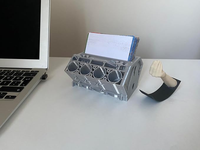 V8 Engine Business Card Holder - Shiny Silver Desk Decoration for Car Enthusiasts | 3D Printed PLA