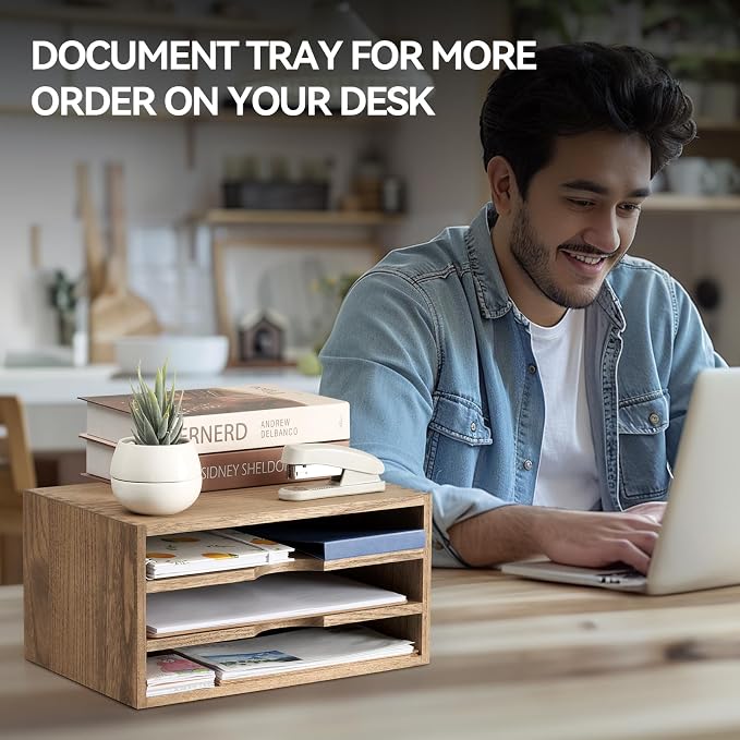 KIRIGEN Wooden Desk Organizer 3-Tier Letter Tray and Paper Sorter, Brown | Solid Wood Paper Tray Document Holder Organizer for Letters, Files, Folders, Mail, Magazines and Office Supplies