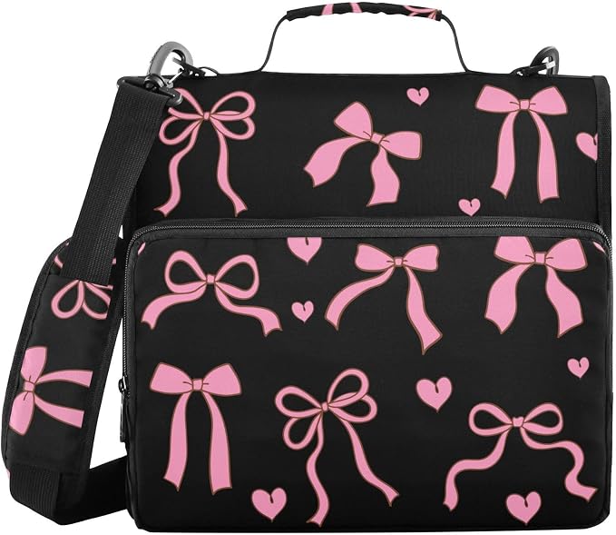 Bows Hearts Pink Black Zipper Binder with Shoulder Strap Trapper Keeper 3 Ring Binder Organizer Large Capacity Multiple Compartments for School Office