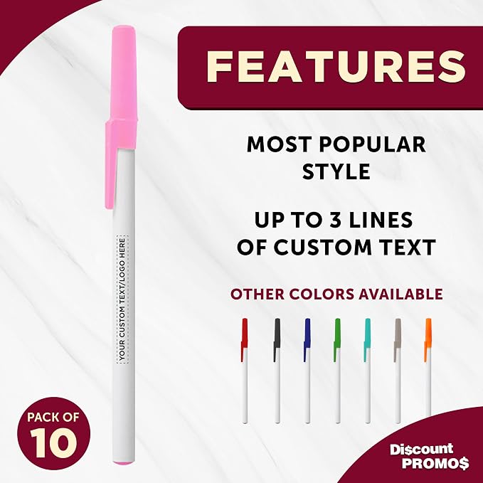 DISCOUNT PROMOS Custom Value Stick Pens Set of 10, Personalized Bulk Pack - Black Ink, Great for Office, School, Business, Tradeshows, Events - Pink