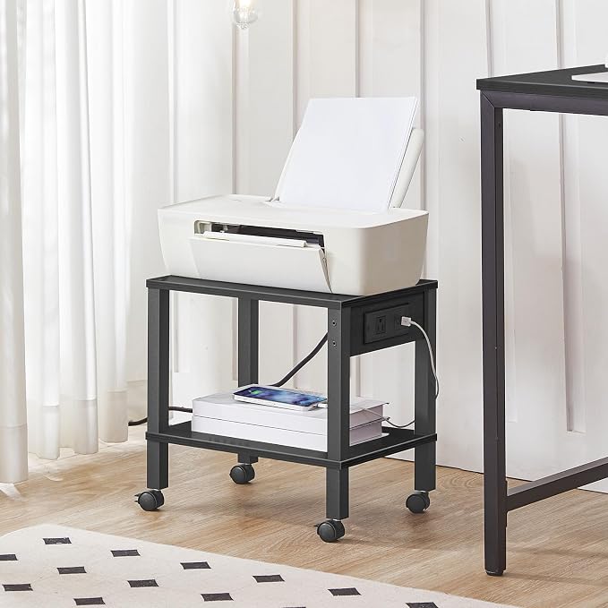 HOOBRO 2-Tier Printer Stand with Charging Station, Under Desk Printer Table, Printer Cart with Storage Shelves, Shelf for Small Spaces, for Home Office, Black BK38UPS01