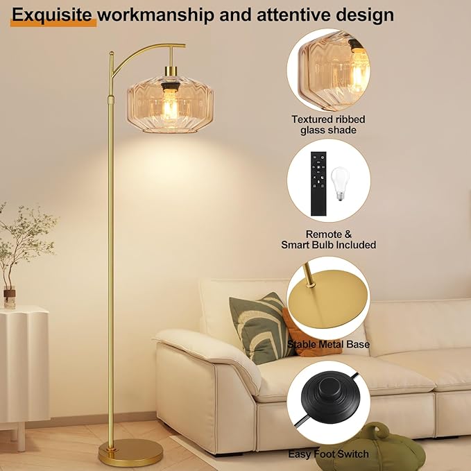 Vintage Floor Lamps for Living Room Glass Floor Lamp with Remote Control,Dimmable Floor Lamp Gold Mid Century Modern Standing Lamp 3 Color Temperature Brass Tall Floor Lamps for Bedroom Corner