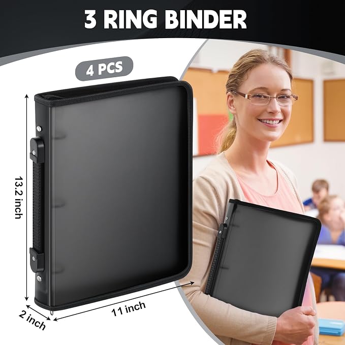 Teling 4 Pcs 2 Inch Zipper Binder 3 Ring Organizer, Black | Secure Zipper Closure, Refillable 3 Ring Design, Handle Carry, Fits Letter Size Papers for School, Office and Projects