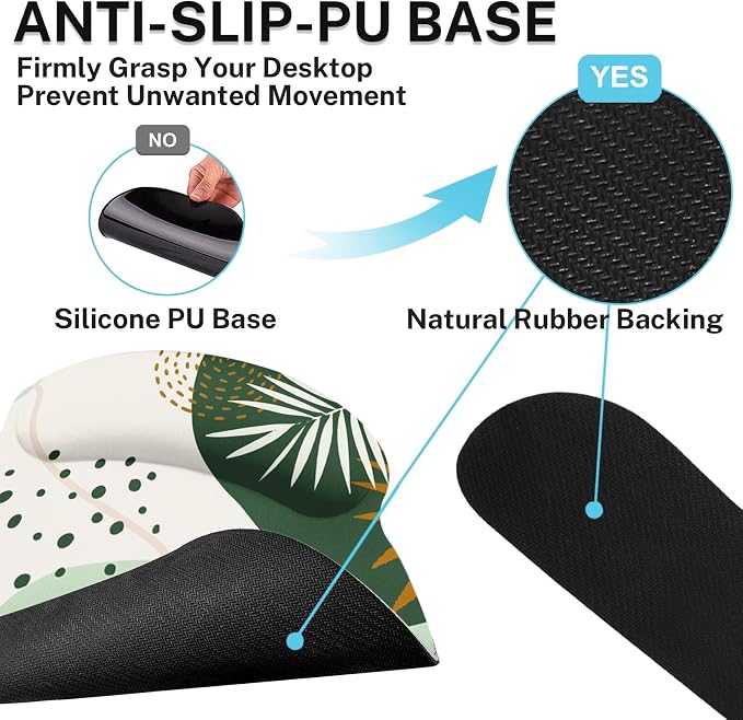 Keyboard Mouse Pad Set, 4 in 1 Desk Mat Set, Boho Green | Leaves Large Mousepad+Keyboard Wrist Rest+Mouse Wrist Rest+Coaster Ergonomic Design for Home Office Computer