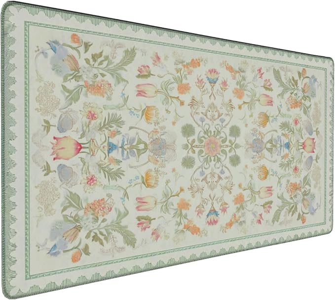 Sage Green Floral XXL Desk Mat - Cute Large Mouse Pad with Stitched Edges & Anti-Slip Base for Computer, Keyboard, Laptop | Aesthetic Office Supplies & Desk Decor for Women, Home, Office