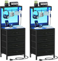 Nightstands Set of 2, 38" Tall Bedside Table with Charging Station | Charging Station & RGB LED Lights, 4 Fabric Drawers & Storage Wood Shelves, Metal Frame, Black Night Stand for Bedroom Dorm