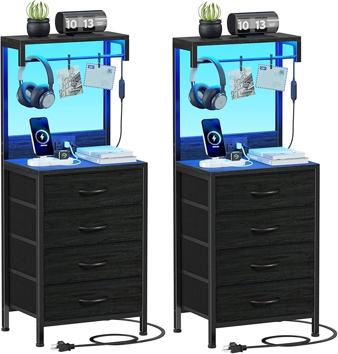 Nightstands Set of 2, 38" Tall Bedside Table with Charging Station | Charging Station & RGB LED Lights, 4 Fabric Drawers & Storage Wood Shelves, Metal Frame, Black Night Stand for Bedroom Dorm