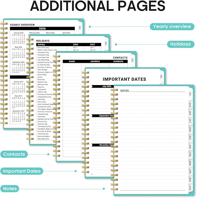 Taja Planner 2026-2027, 6.3" x 8.5" Calendar Planner, Jul 2026-Jun 2027 | A5 Hardcover Weekly & Monthly Academic Year Planner, Large Planning Agenda With Tabs, School & Office Supplies, Aquamarine