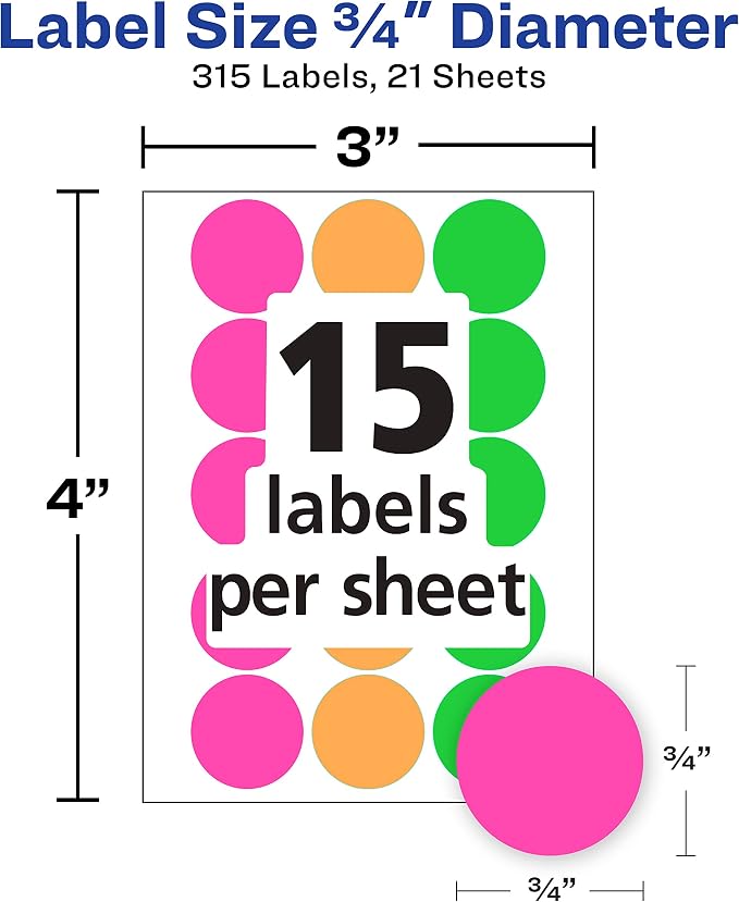 Avery® Color-Coding Removable Labels, 3/4 Inch Round Labels, Assorted Neon Colors, Non-Printable, 315 Dot Stickers Total (6733)