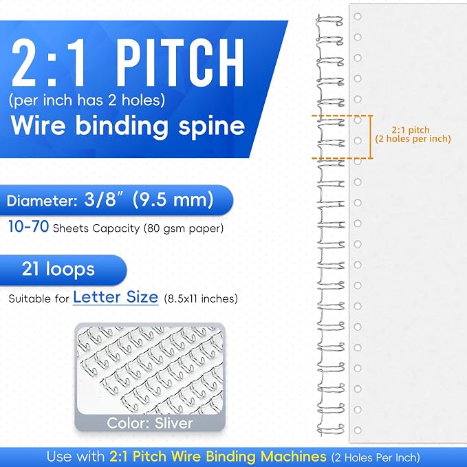 Rayson Wire Binding Spines, 3/8" 2:1 Pitch, 21-Loop Silver, 100 Pack | Binds up to 70 sheets; 21-loop silver double-loop wires fit 2:1 pitch machines for Letter-size documents.