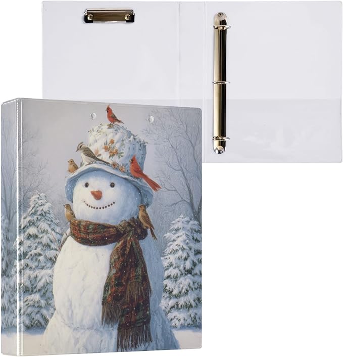 Birds and Winter Snowman Binder 3 Ring 1.5 Inch Binder with Clipboard&Pockets, Hardcover Binders Heavy Duty Large File Folder for Office School Supplies - Holds 200 Sheets