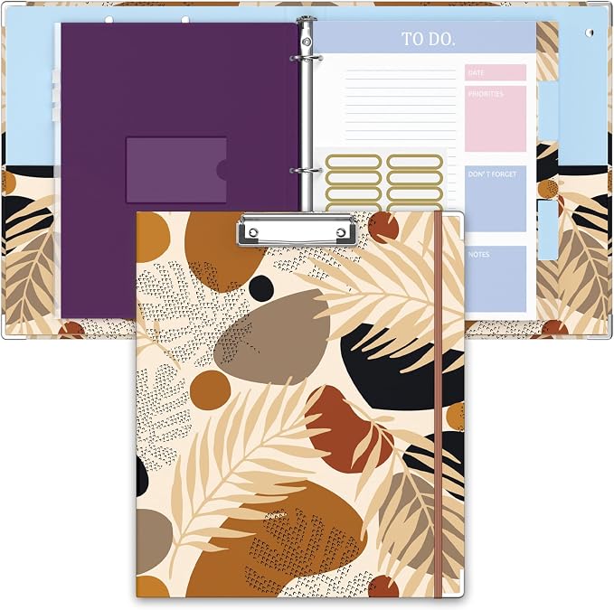 3 Ring Binder, 1 Inches Round Ring Binder with Clipboard, Dividers Tabs, PVC Zipper Bag Sleeves & to Do List Planners for Women, Men, School, Office Supplies, Modern Leaves
