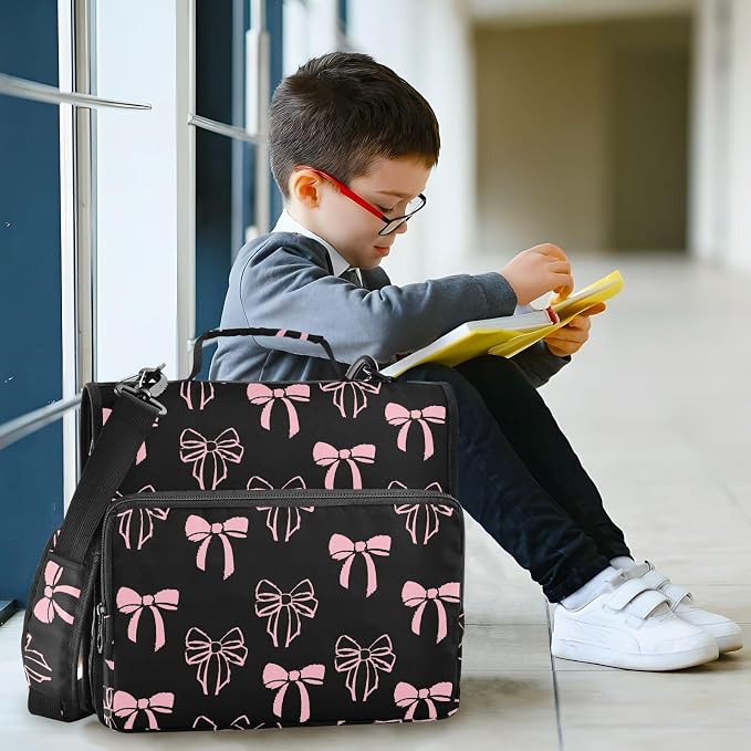 Bow Knot Pink Black Zipper Binder with Shoulder Strap Bag 3 Ring Binder Organizer Large Capacity Multiple Compartments for School Office