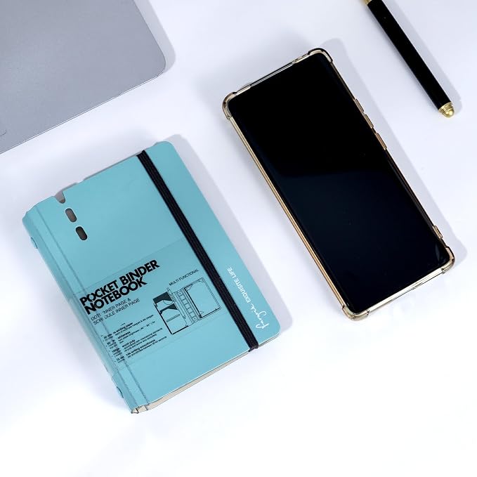 CAGIE A7 Binder 6 Ring Refillable Notebook with Dividers & Pockets | Hourly Planning Square Ruled and Dotted Pages, Refill Paper Included, 4.13 x 5.71 In (Blue, A7 Hourly & Dot Page)