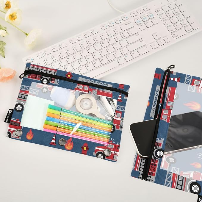Fire Trucks Pencil Pouch for 3 Ring Binder, 2 Pack Waterproof Pencil Bags Clear Window Zipper School Office Supplies