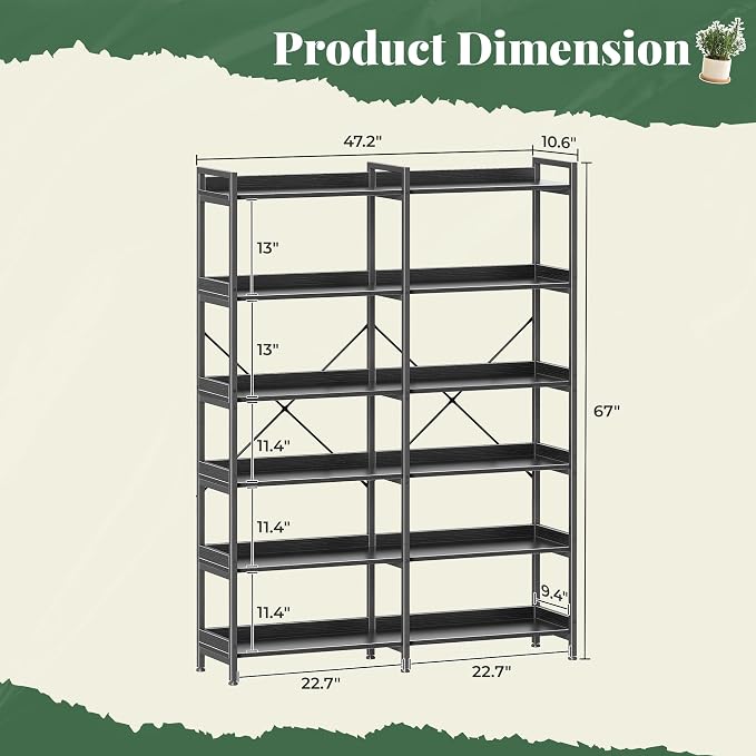 Huuger 6 Tier Bookshelf, Display Bookshelf with 12 Open Shelves and Raised Baffle, 47.2 Inch Straight Wide Bookcase with Metal Frame and Wooden Board, Adjustable Feet, Black, 1BC010B