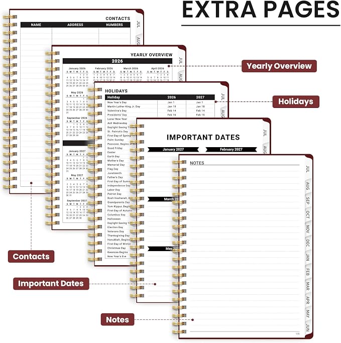 Taja Planner 2026-2027, Jul 2026-Jun 2027 Monthly & Weekly Calendar Book | 6.3" x 8.5", Hardcover Academic Calendar with Tabs, Teacher Student Agenda Book for School Office Supplies - Burgundy