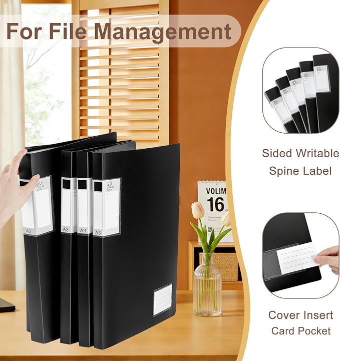 A3 Plastic Presentation Book with 30 Pockets, 2 Pack | PP Material Clear Sleeves Project Folder, Portfolio Organizer for Documents, Artwork, Office & School Supplies (Black)
