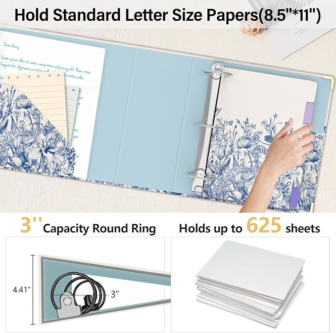 3 Ring Binder 3 Inch, Cute Round Ring Binder with 6 Tab Dividers & Label Stickers, Low Profile Clipboard with Storage, Fashion Binder for School Office Supplies (Vintage Blue Florals)