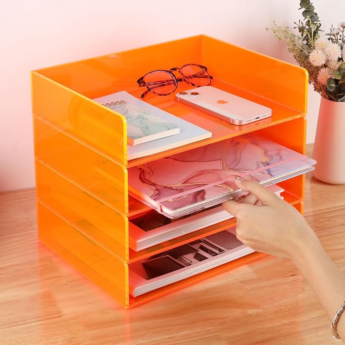 Gelite Acrylic File Organizer for Desk 4 Tiered Stackable Letter Tray Office Paper Storage Desktop Document Sorter, Neon Orange