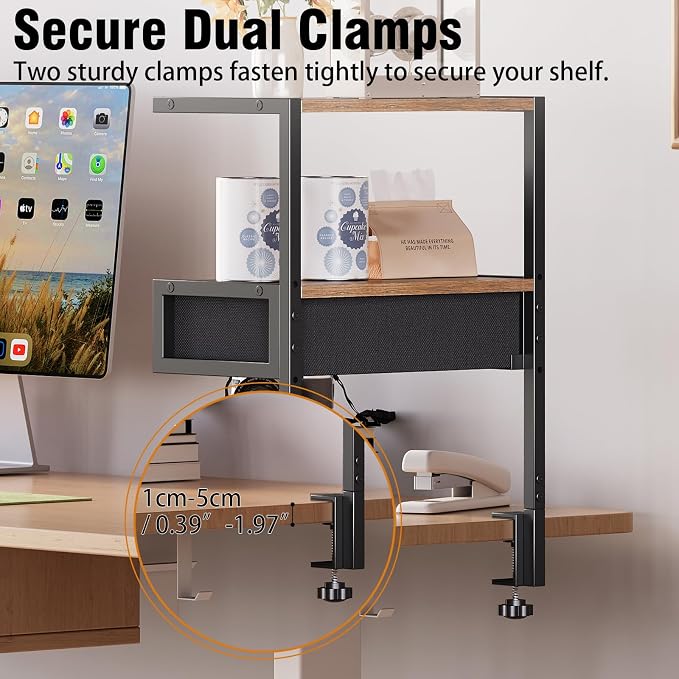 VENNQD Clamp On Desk Shelf, 2-Tier Desktop Organizer, Wood Desktop Supplies Tabletop Book Storage Rack with Adjustable Shelves for Table Working and Gaming Accessories, Rustic Brown