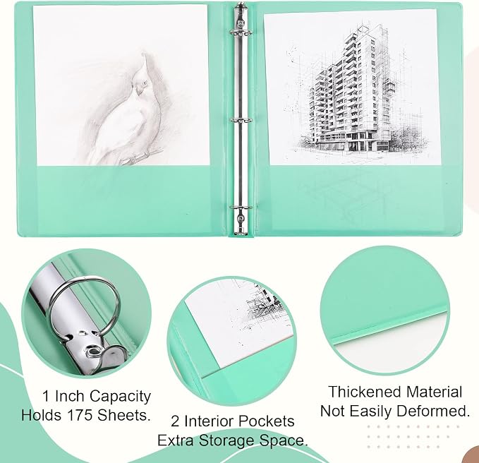 6 Pack 3 Ring Binder, 1 Inch Clear View Binders (Fit 8.5x11 Inches) | 175 Sheets Paper Capacity, Pastel Binders with 2 Interior Pockets for Office Supplies, School & Home (6 Light Colors)