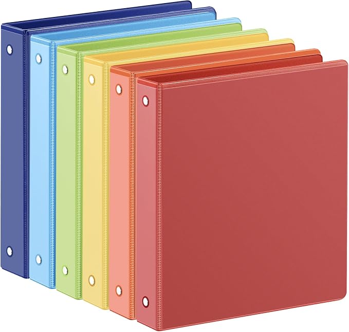SUIN 1-inch 3 Ring Binder with 2 Interior Pockets, 1''Durable Binders Holds US Letter Size 8.5'' x 11'' Paper - Versatile Binders for Office, Home, and School Use, 6 Pack, Assorted Rainbow Colors