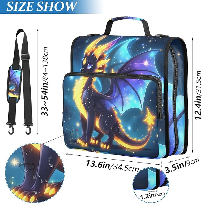 3 D-Ring Zipper Binder Bag, Little Dragon in Galaxy Dark Space Removable Binder with Zipper Case Hold 300+ Sheets& 13 Inch Laptop for School Office Supplies Organizer