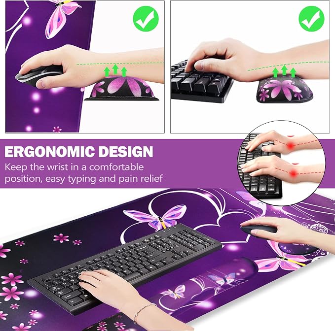 Large Gaming Mouse Pad, Keyboard Wrist Rest Pad & Wrist Support Mousepad Set, Stitched Edge, Extended, Non-Slip Base, Memory Foam Desk Mat for Office, Home, Purple Heart Butterfly