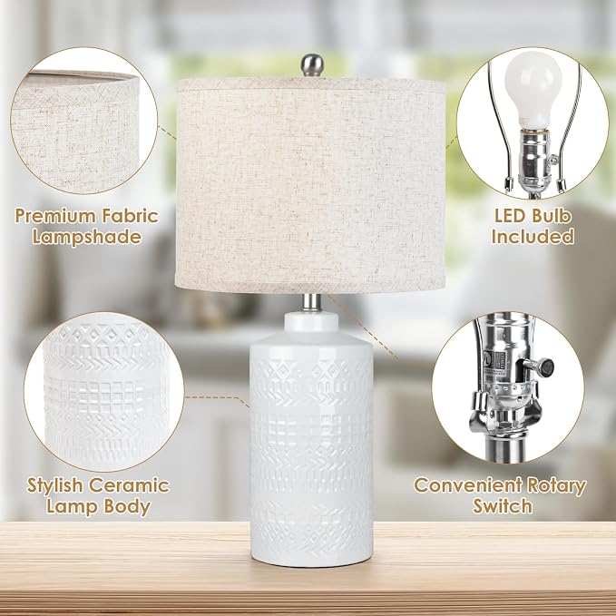 JUNNAI White Ceramic Table Lamp with Beige Shade: 3-Way Dimmable Night Stand Light Lamp 24.5" Modern Table Lamps for Living Room Bedroom End Table Office Entryway Lamps (Bulb Included