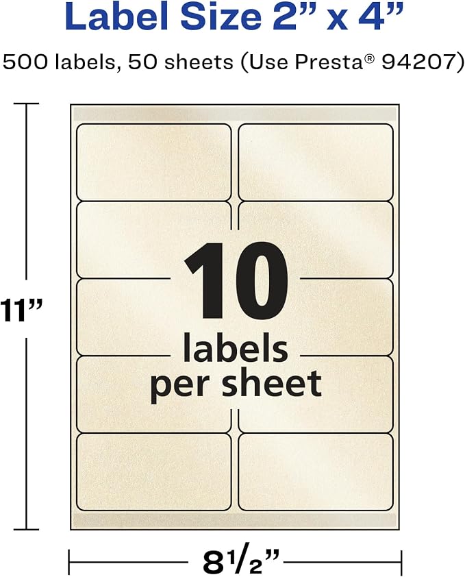 Avery® Pearlized Ivory Rectangle Labels, Sure Feed® Technology, 2" x 4", 500 Pearlized Ivory Labels, Laser/Inkjet Printable