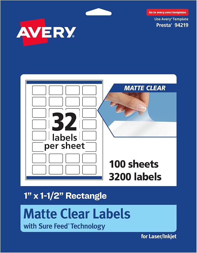Avery Matte Clear Rectangle Labels, Sure Feed Technology, 1" x 1.5", 3,200 Matte Clear Labels, Print-To-The-Edge, Laser/Inkjet Printable