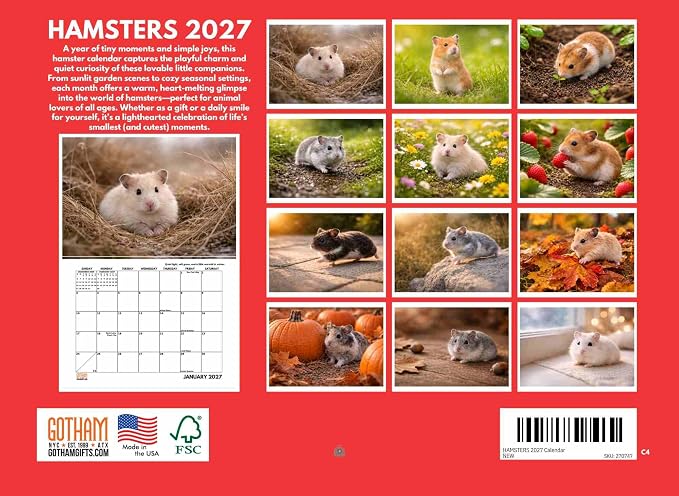 Hamster Calendar 2027 Monthly Wall Calender 12 Month | American Made In The USA