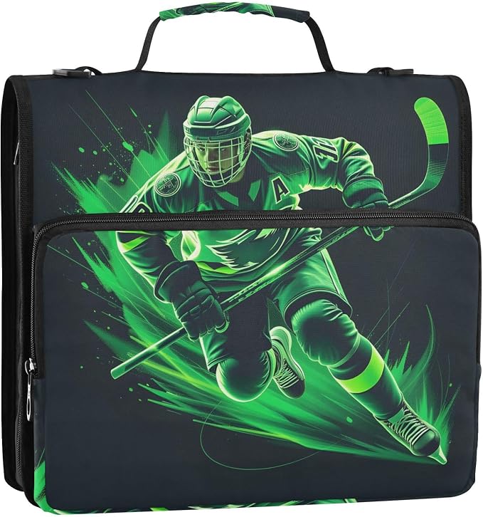 3 D-Ring Zipper Binder Bag, Green Hockey Player Sport Removable Binder with Zipper Case Hold 300+ Sheets& 13 Inch Laptop for School Office Supplies Organizer