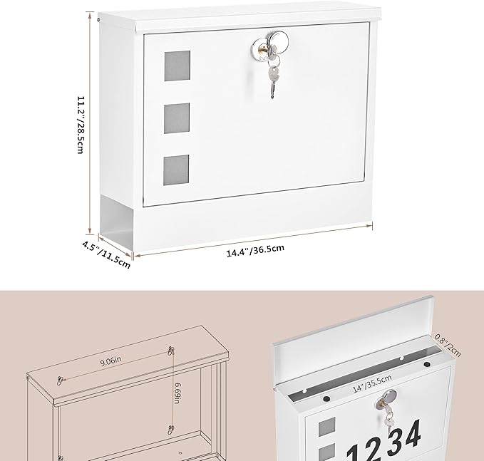 LAND·VOI Locking Mailbox Wall Mounted, Metal Postbox with Three Sets of Mail Box Number Stickers, 4 Keys, 14.4" x 4.5" x 11.2", Large Capacity, Textured White, AMB11W