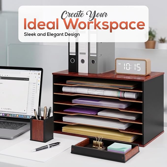 Wooden Paper Organizer 20.25"W x 12.25"H x 13.25"D, 6-Tier Storage for 12"x18" & 11"x17" Sheets, Includes Matching Pen Holder & Tray, Ideal for Office, Home, Art Room and Classroom