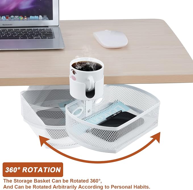 MASTLU Under Desk Organizer,Cup Holder,Table Management Tray, Swivel Pencil Drawer, Office No Drill Steel Organizers,360 Spin Hidden Storage Box with Sturdy C-Clamp,Easy Install (White)