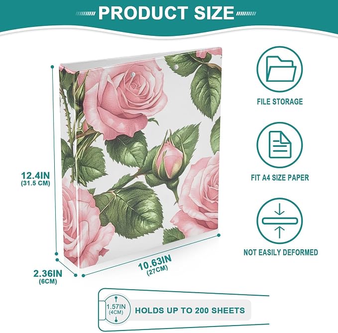 3 Ring Binder Pink Rose Floral Green Leaves 1.5 inch Binders Three Ring Binders with Clipboard Fit 8.5'' x 11'' Paper 3 Interior PVC Clear Pockets for Office Supplies