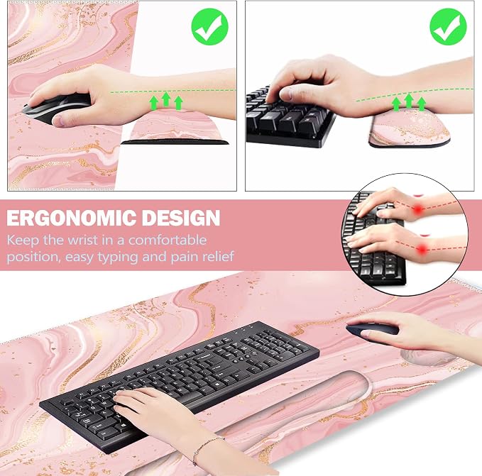 Extended Gaming Mouse Pad Set, Keyboard Wrist Rest Support Pad + Wrist Cushion + XXL Large Mouse Pad + Coaster, Stitched Edge, Non-Slip, Memory Foam Desk Mat, Pink Gold Marble
