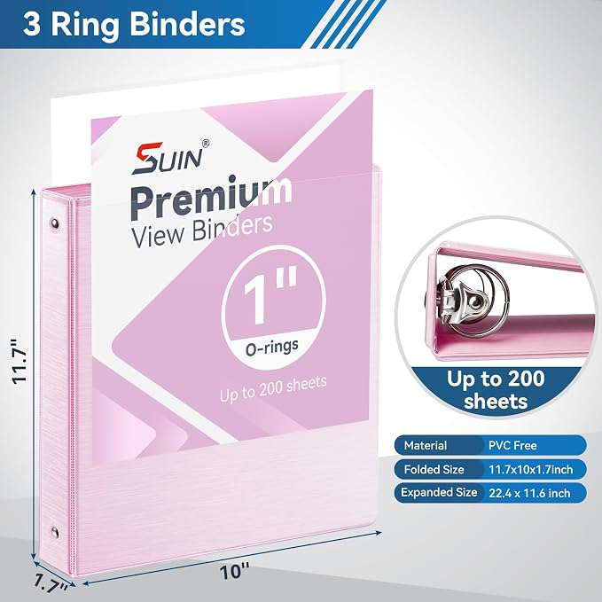 SUIN 1-inch 3 Ring Binder with 2 Interior Pockets, 1''Durable Binders Holds US Letter Size 8.5'' x 11'' Paper - Versatile Binders for Office, Home, and School Use, 6 Pack Brush Finish