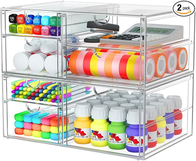 Acrylic 2-Pack 7-Drawer Makeup & Storage Organizer for Bath,Desk | Smooth-glide drawers, clear body, dustproof, wipe clean, for office supplies, pens, rings, earrings, tweezers, cotton swabs