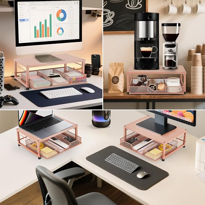 Small Laptop Stand for Desk, Monitor Stand Riser, Office Desk Accessories, Computer Desktop Stand with Drawer for Home, Office, School (Bronze)