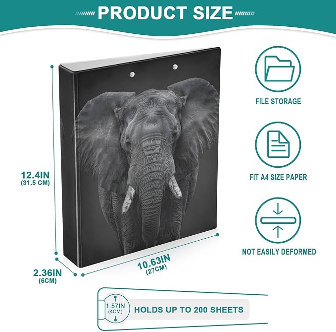 JIPONI 3 Ring Binder African Elephant 1 Inch Round Binders for Men Women Students, Cute File Organizer for Office School, 2pcs