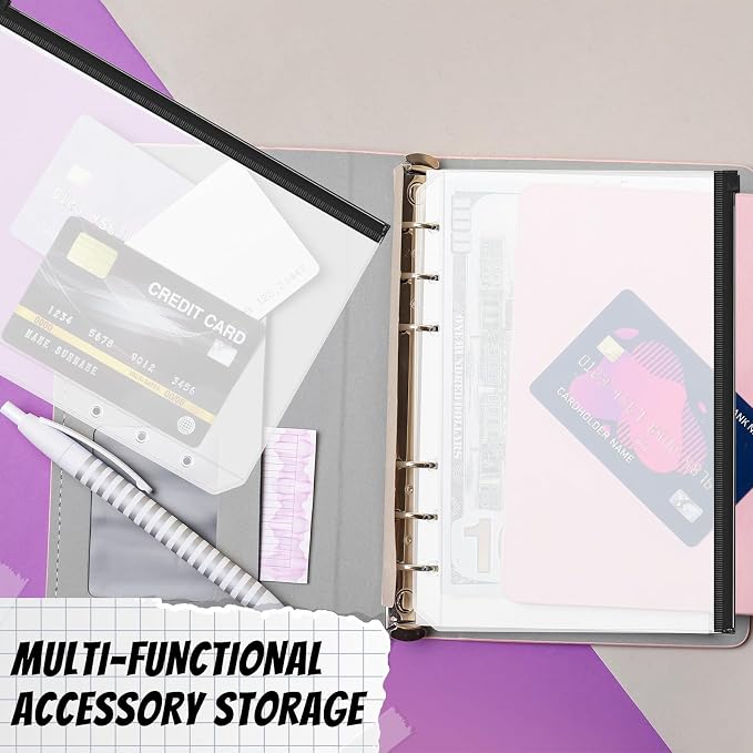 Zonon 30 Pcs A5 6 Rings Black Zipper Binder Pouches Clear Binder Pockets with Zipper Folders Waterproof PVC Loose Leaf Bags Filling Bags for Pen Pencil Notebooks File Document