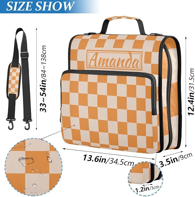 Custom 3 Ring Zipper Binder Orange Checkerboard Personalized Name 1.5 inch Binders Large Capacity Multi Pockets for School Office Supplies