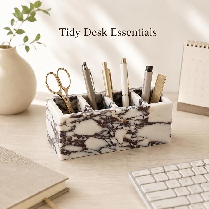 5-Compartment Marble Desk Organizer, 9.84 in | Natural marble 5-section organizer for pens, makeup brushes, cotton swabs, lipsticks, and slim daily items.