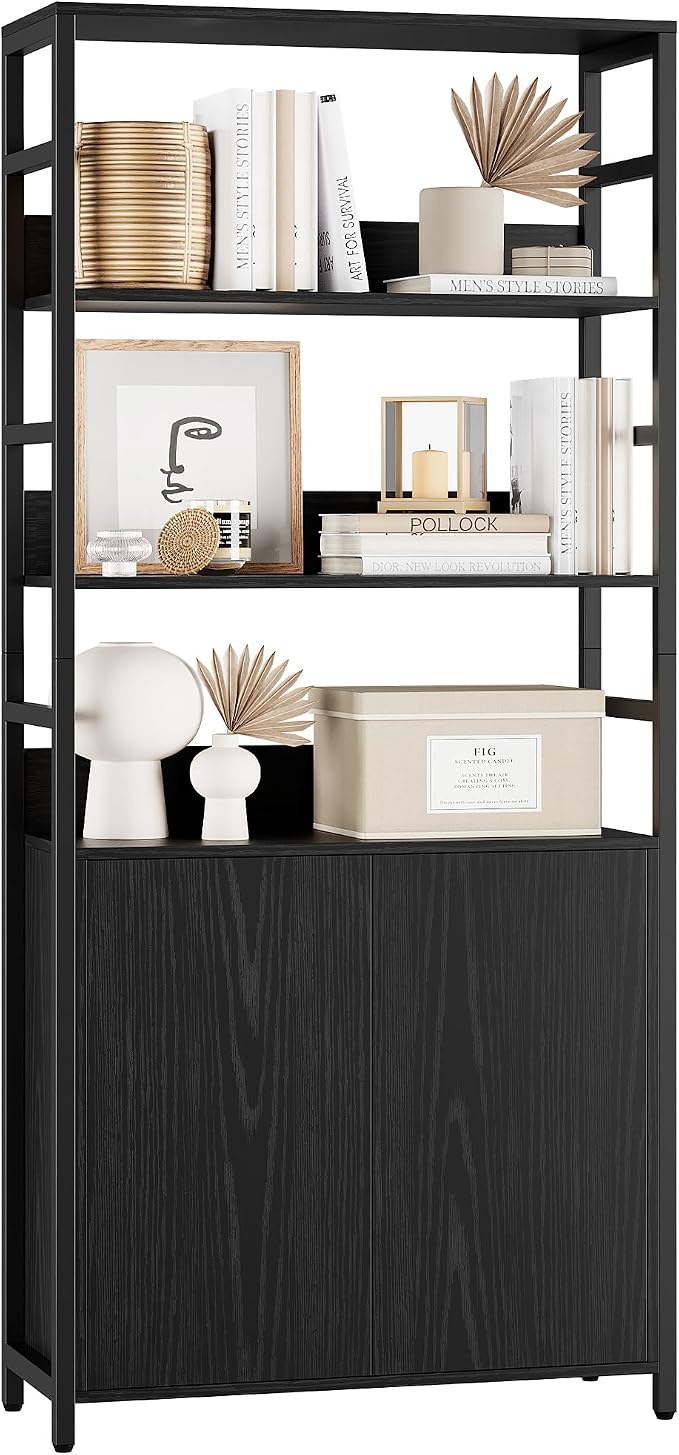 Garvee 71" Tall Bookshelf with Doors and Adjustable Shelf, Black | Industrial Display Standing Shelf Rack with 3-Tier Shelves, Bookcase with Protective Rails for Living Room, Office