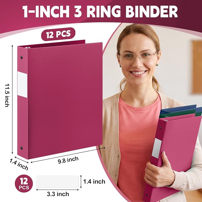 Henoyso 1 Inch 3 Ring Colored Binders Soft Flexible, 8.5'' x 11'' Plastic Floppy Binders Bendable with 2 Pockets, Colorful Binder Bulk for School Office Business ，12 Pack (Assorted Classic Color)