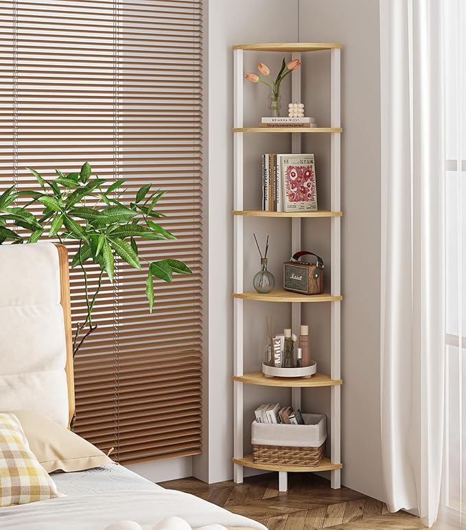 Corner Shelf, 6-Tier Corner Bookshelf, Industrial Corner Ladder Shelf, DIY Storage Shelves, Rustic Display Shelf for Living Room, Bedroom, Kitchen, Home Office, White and Nature Wood Color UJSJ004Q